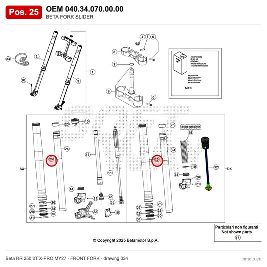 BETA FORK SLIDER – OEM 040.34.070.00.00, position 25 on the Beta RR 250 2T X-PRO MY27 front fork drawing