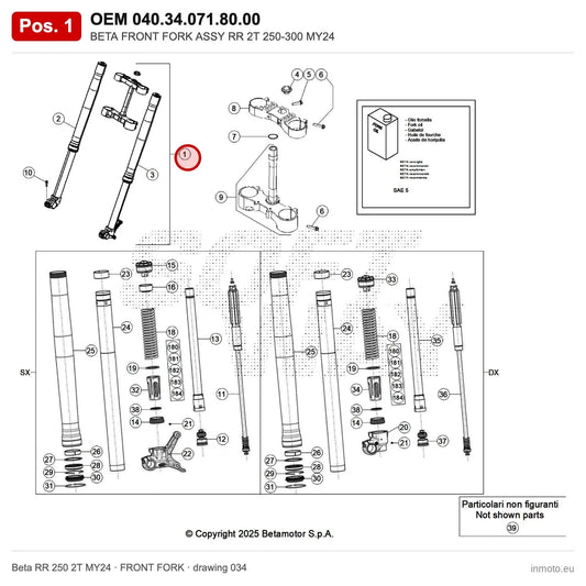 BETA FRONT FORK ASSY RR 2T 250-300 MY24 – OEM 040.34.071.80.00, position 1 on the Beta RR 250 2T MY24 front fork drawing