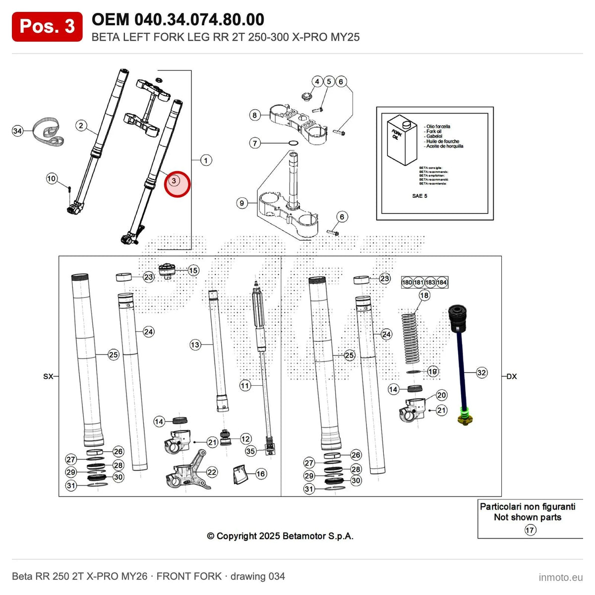 BETA LEFT FORK LEG RR 2T 250-300 X-PRO MY25 – OEM 040.34.074.80.00, position 3 on the Beta RR 250 2T X-PRO MY26 front fork drawing