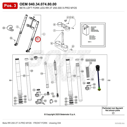 BETA LEFT FORK LEG RR 2T 250-300 X-PRO MY25 – OEM 040.34.074.80.00, position 3 on the Beta RR 250 2T X-PRO MY26 front fork drawing