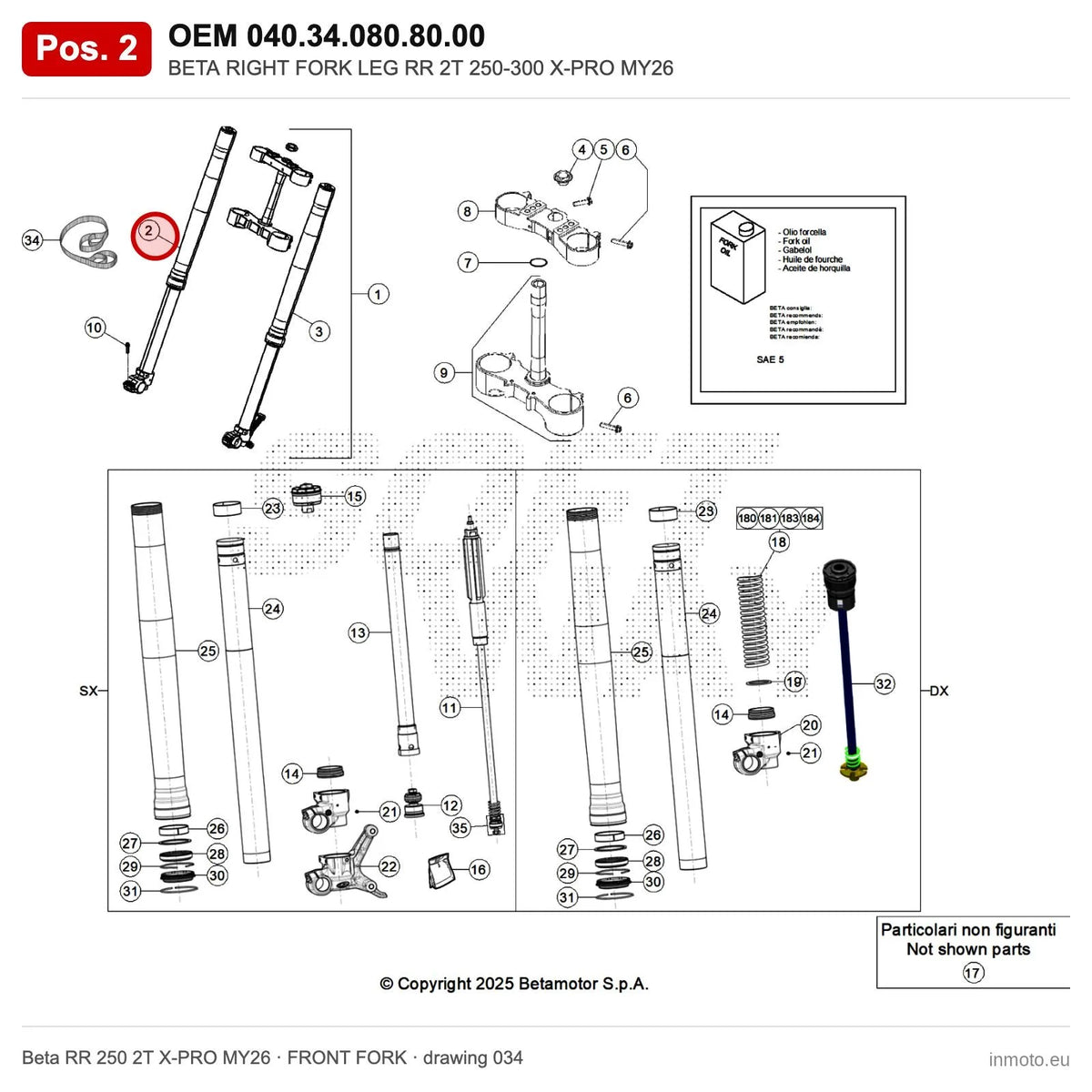 BETA RIGHT FORK LEG RR 2T 250-300 X-PRO MY26 – OEM 040.34.080.80.00, position 2 on the Beta RR 250 2T X-PRO MY26 front fork drawing