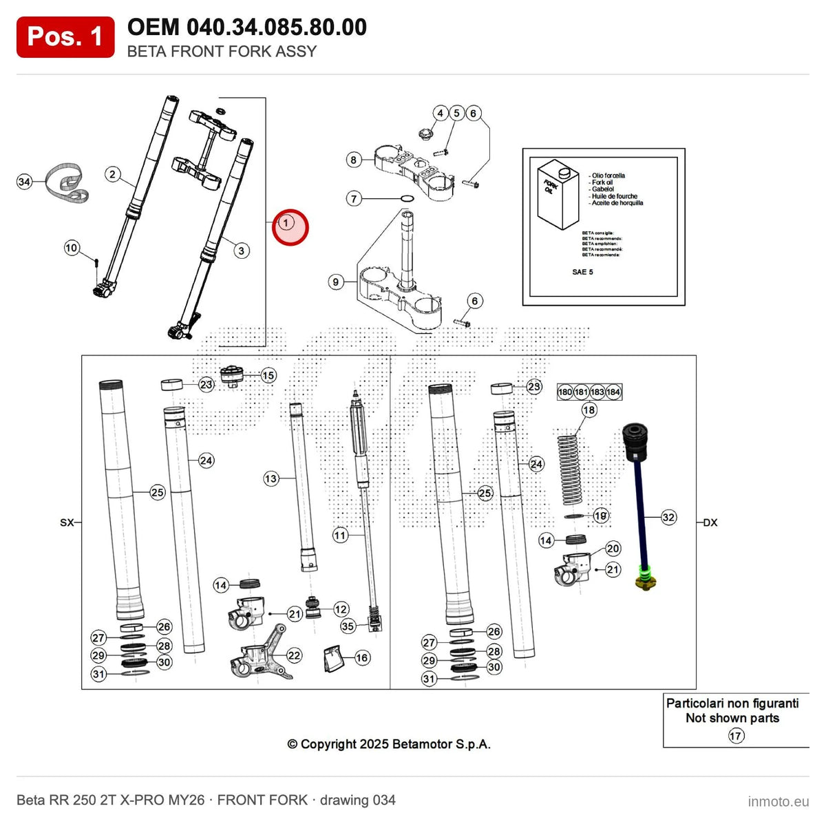 BETA FRONT FORK ASSY – OEM 040.34.085.80.00, position 1 on the Beta RR 250 2T X-PRO MY26 front fork drawing
