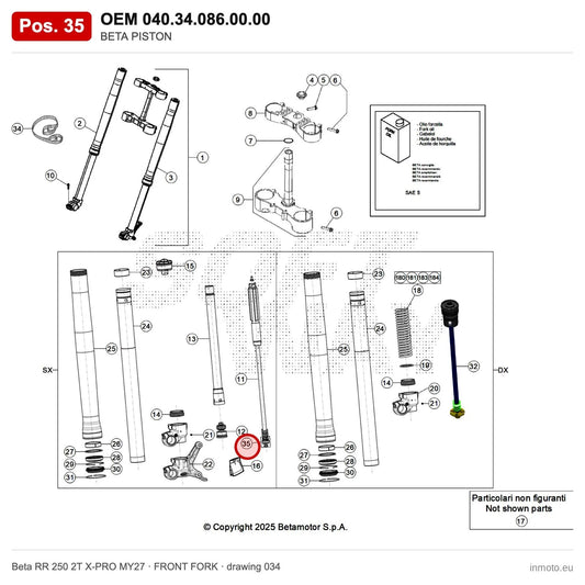 BETA PISTON – OEM 040.34.086.00.00, position 35 on the Beta RR 250 2T X-PRO MY27 front fork drawing