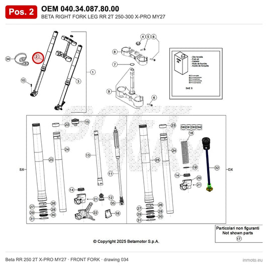 BETA RIGHT FORK LEG RR 2T 250-300 X-PRO MY27 – OEM 040.34.087.80.00, position 2 on the Beta RR 250 2T X-PRO MY27 front fork drawing