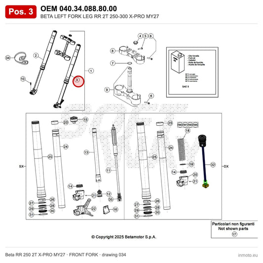 BETA LEFT FORK LEG RR 2T 250-300 X-PRO MY27 – OEM 040.34.088.80.00, position 3 on the Beta RR 250 2T X-PRO MY27 front fork drawing