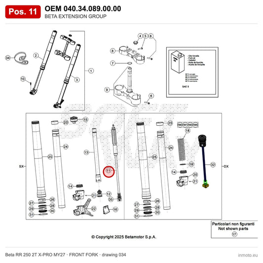 BETA EXTENSION GROUP – OEM 040.34.089.00.00, position 11 on the Beta RR 250 2T X-PRO MY27 front fork drawing