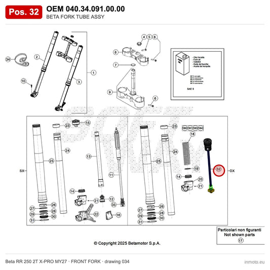 BETA FORK TUBE ASSY – OEM 040.34.091.00.00, position 32 on the Beta RR 250 2T X-PRO MY27 front fork drawing