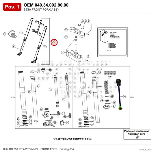BETA FRONT FORK ASSY – OEM 040.34.092.80.00, position 1 on the Beta RR 250 2T X-PRO MY27 front fork drawing