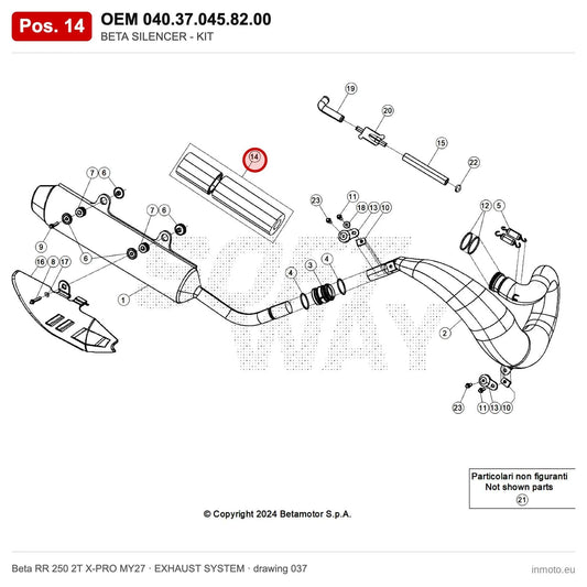 BETA SILENCER - KIT – OEM 040.37.045.82.00, position 14 on the Beta RR 250 2T X-PRO MY27 exhaust system drawing