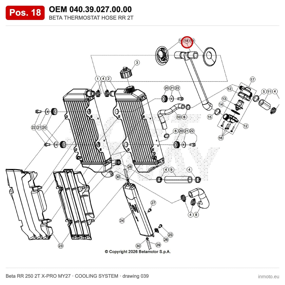 BETA THERMOSTAT HOSE RR 2T – OEM 040.39.027.00.00, position 18 on the Beta RR 250 2T X-PRO MY27 cooling system drawing