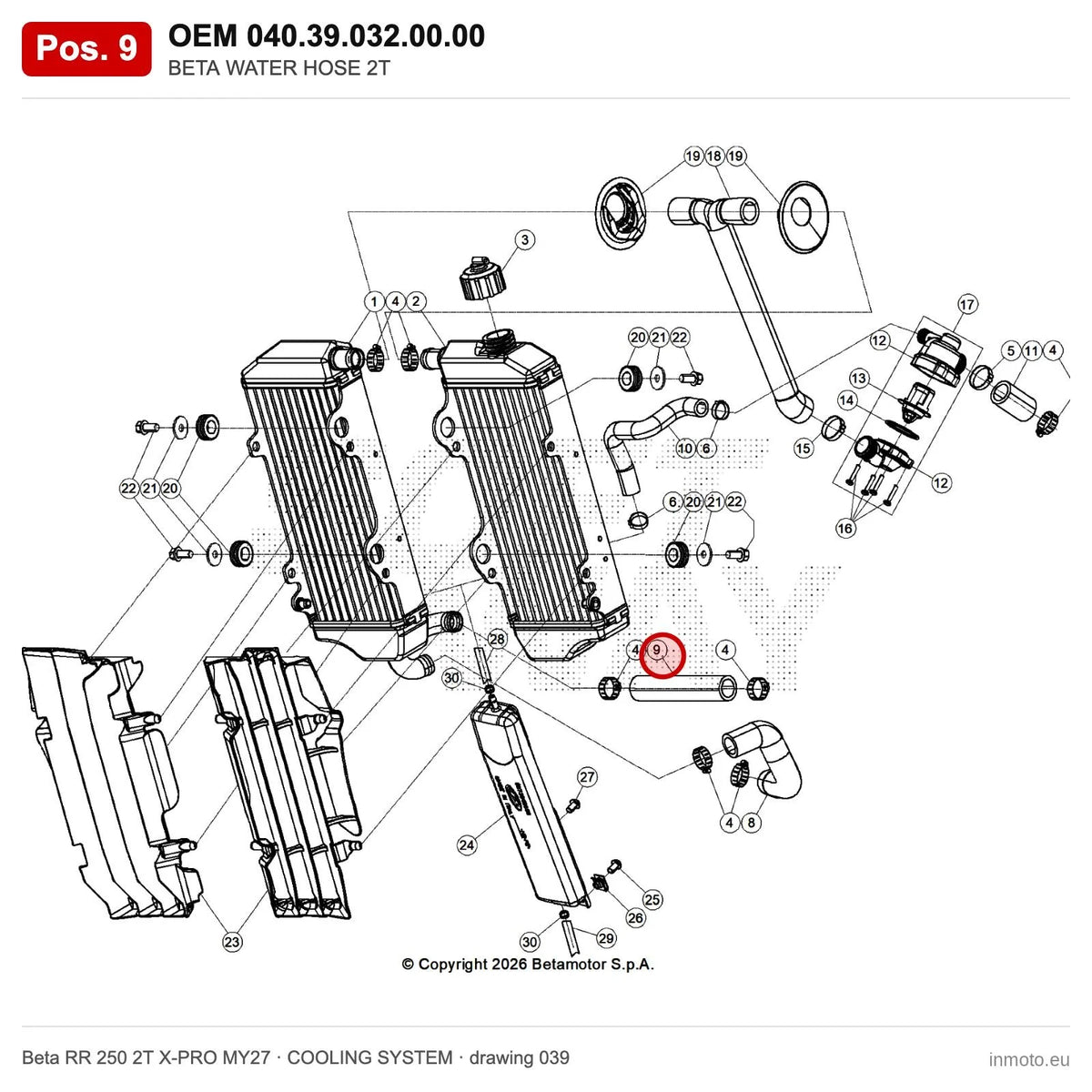 BETA WATER HOSE 2T – OEM 040.39.032.00.00, position 9 on the Beta RR 250 2T X-PRO MY27 cooling system drawing