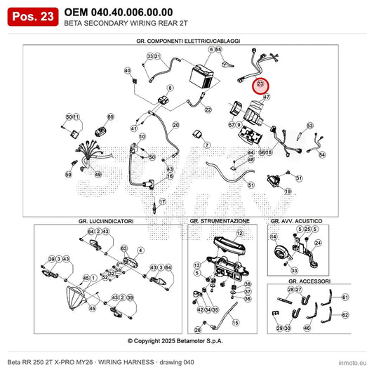 BETA SECONDARY WIRING REAR 2T – OEM 040.40.006.00.00, position 23 on the Beta RR 250 2T X-PRO MY26 wiring harness drawing