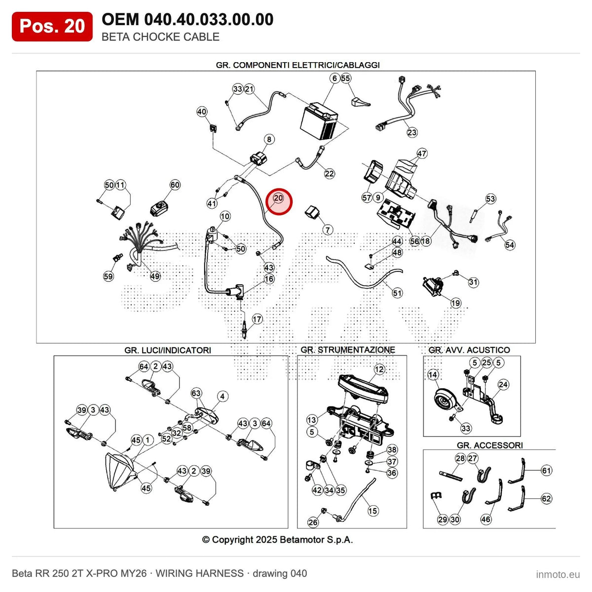 BETA CHOCKE CABLE – OEM 040.40.033.00.00, position 20 on the Beta RR 250 2T X-PRO MY26 wiring harness drawing