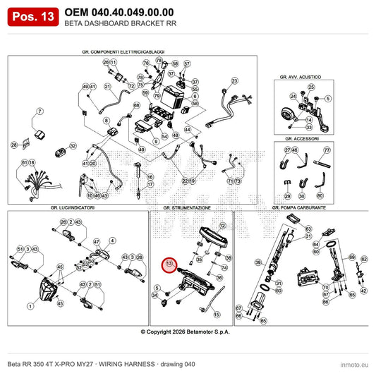 BETA DASHBOARD BRACKET RR – OEM 040.40.049.00.00, position 13 on the Beta RR 350 4T X-PRO MY27 wiring harness drawing