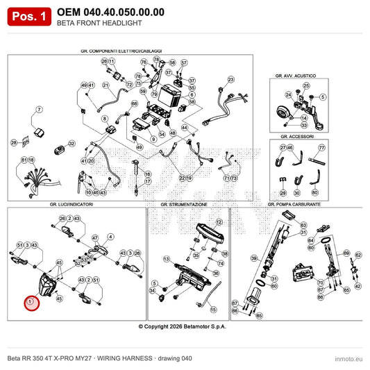 BETA FRONT HEADLIGHT – OEM 040.40.050.00.00, position 1 on the Beta RR 350 4T X-PRO MY27 wiring harness drawing