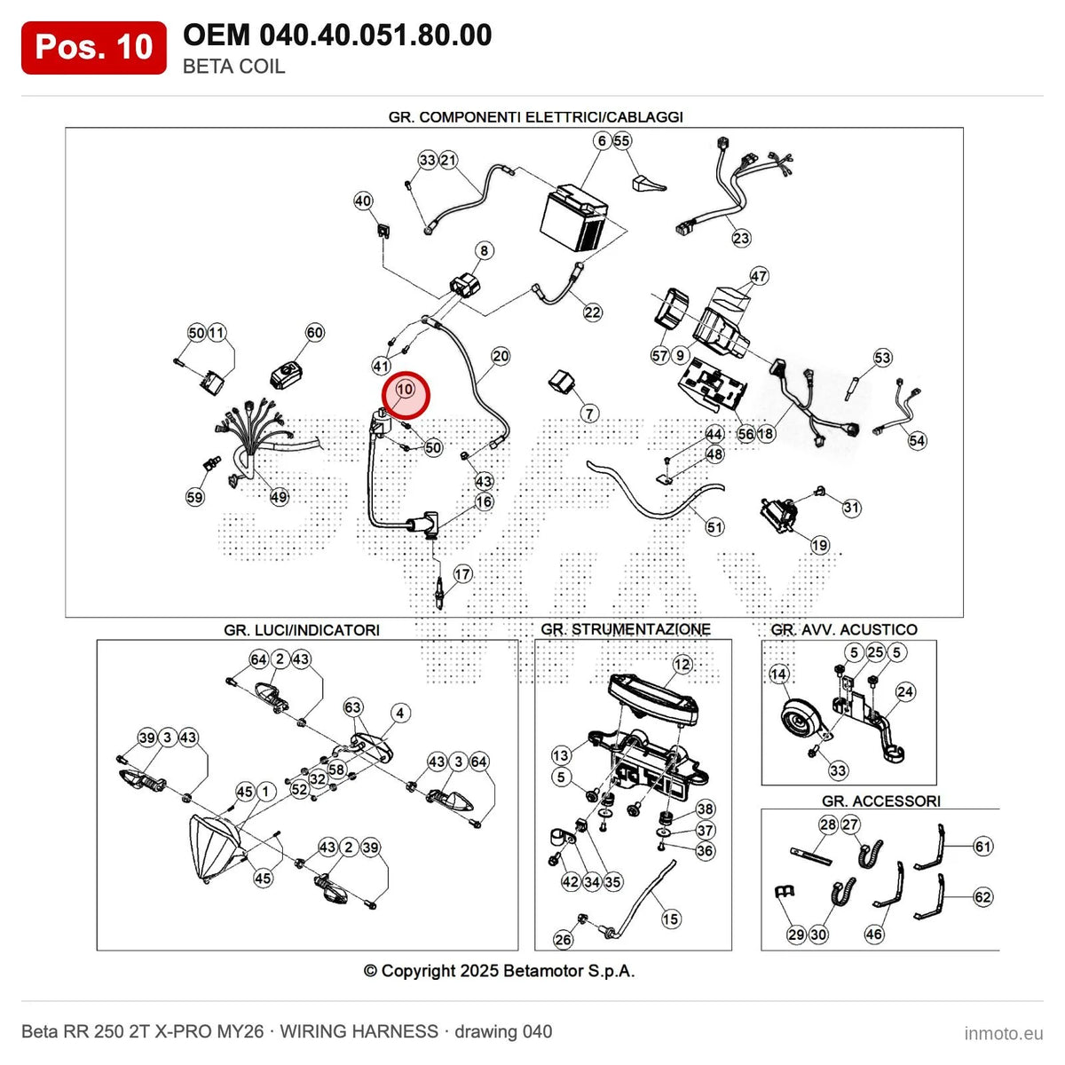 BETA COIL – OEM 040.40.051.80.00, position 10 on the Beta RR 250 2T X-PRO MY26 wiring harness drawing