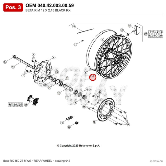 BETA RIM 19 X 2,15 BLACK RX – OEM 040.42.003.00.59, position 3 on the Beta RX 350 2T MY27 rear wheel drawing