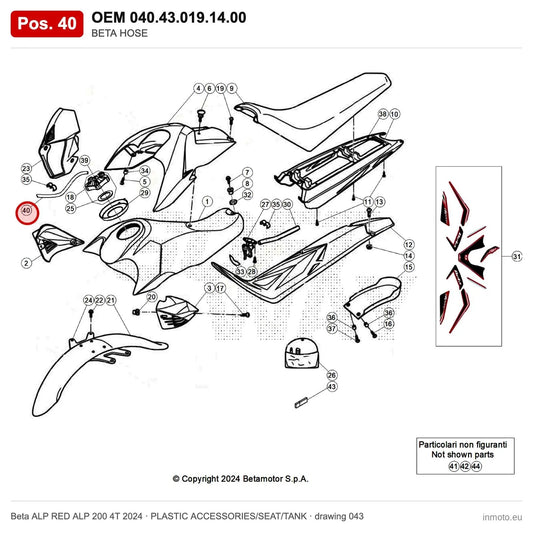 BETA HOSE – OEM 040.43.019.14.00, position 40 on the Beta ALP RED ALP 200 4T 2024 plastic accessories/seat/tank drawing