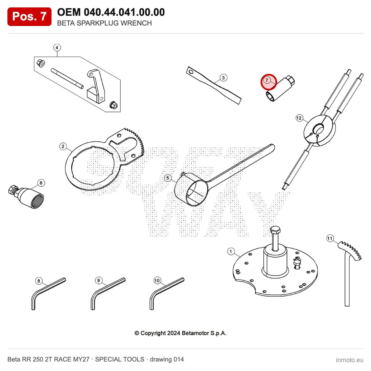 BETA SPARKPLUG WRENCH – OEM 040.44.041.00.00, position 7 on the Beta RR 250 2T RACE MY27 special tools drawing