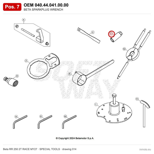 BETA SPARKPLUG WRENCH – OEM 040.44.041.00.00, position 7 on the Beta RR 250 2T RACE MY27 special tools drawing