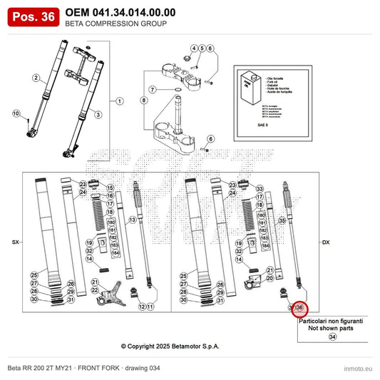 BETA COMPRESSION GROUP – OEM 041.34.014.00.00, position 36 on the Beta RR 200 2T MY21 front fork drawing