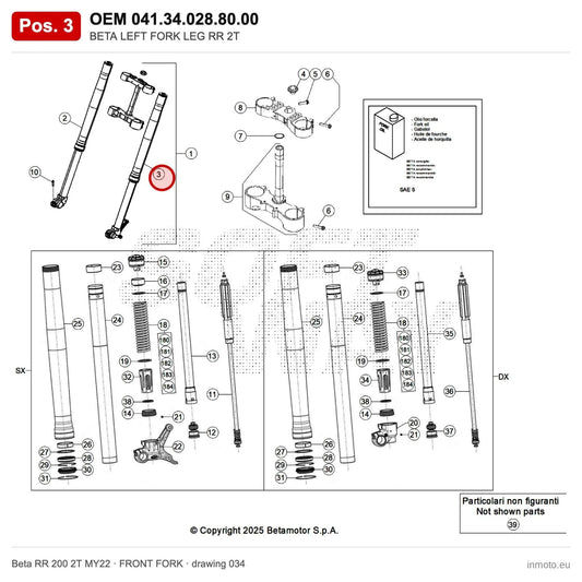 BETA LEFT FORK LEG RR 2T – OEM 041.34.028.80.00, position 3 on the Beta RR 200 2T MY22 front fork drawing