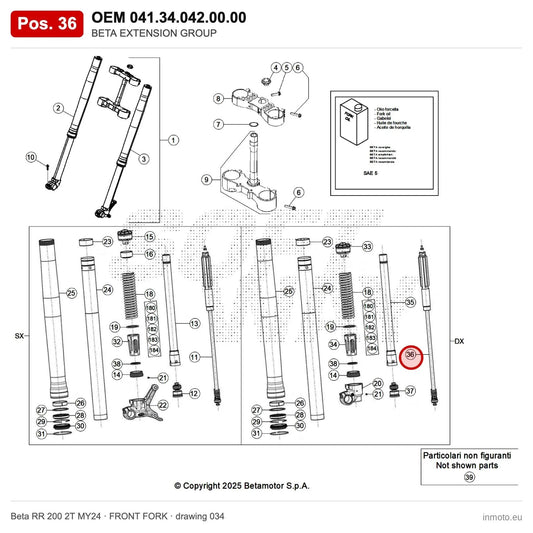 BETA EXTENSION GROUP – OEM 041.34.042.00.00, position 36 on the Beta RR 200 2T MY24 front fork drawing