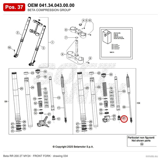 BETA COMPRESSION GROUP – OEM 041.34.043.00.00, position 37 on the Beta RR 200 2T MY24 front fork drawing