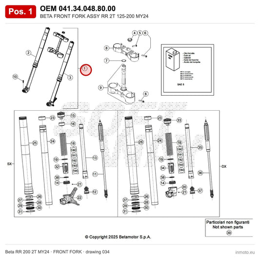 BETA FRONT FORK ASSY RR 2T 125-200 MY24 – OEM 041.34.048.80.00, position 1 on the Beta RR 200 2T MY24 front fork drawing