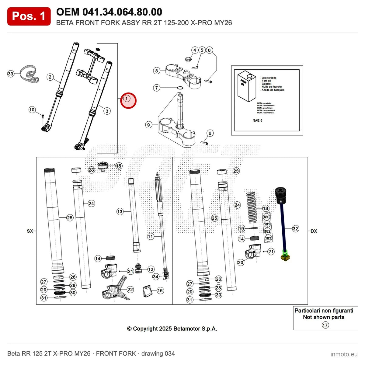 BETA FRONT FORK ASSY RR 2T 125-200 X-PRO MY26 – OEM 041.34.064.80.00, position 1 on the Beta RR 125 2T X-PRO MY26 front fork drawing