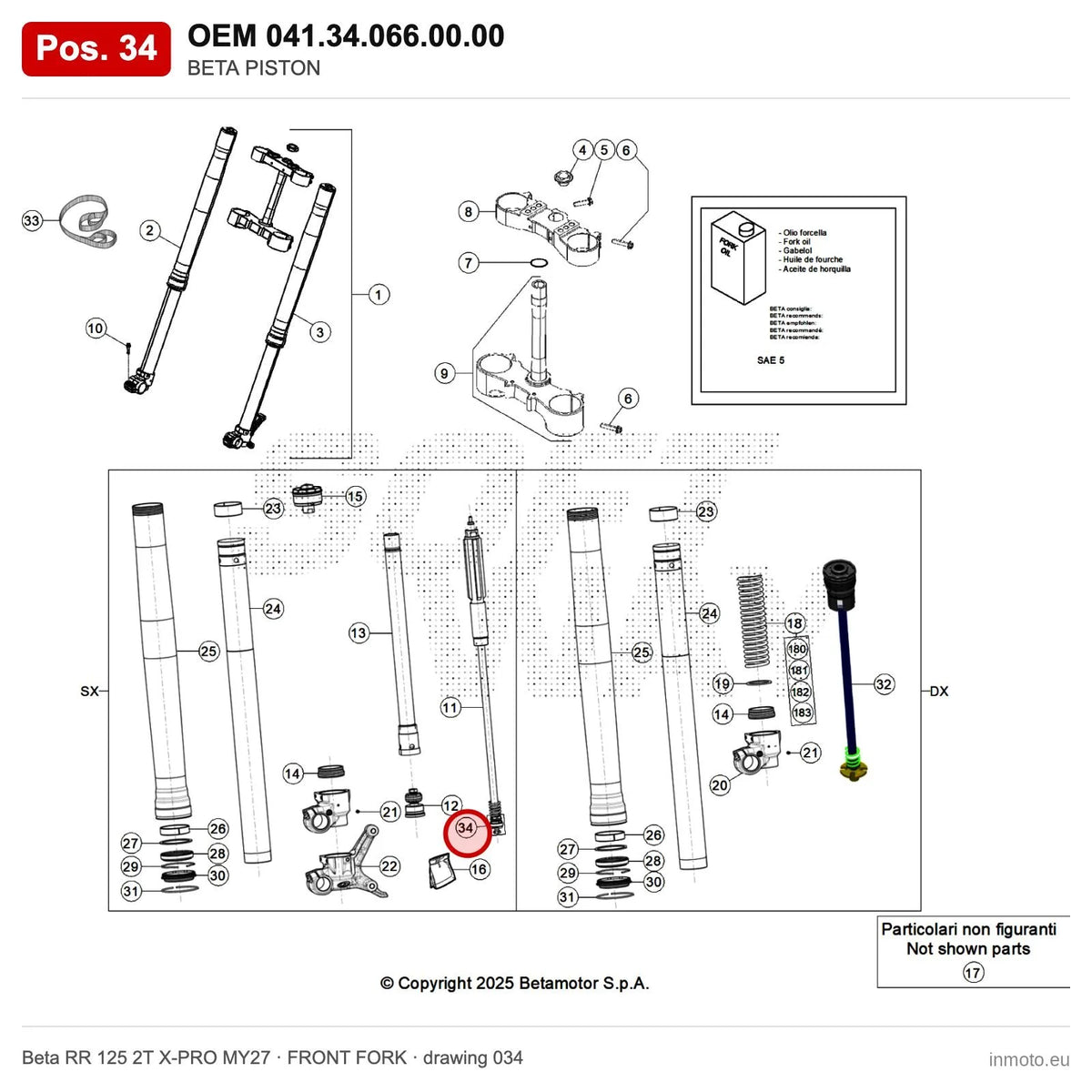 BETA PISTON – OEM 041.34.066.00.00, position 34 on the Beta RR 125 2T X-PRO MY27 front fork drawing