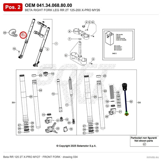 BETA RIGHT FORK LEG RR 2T 125-200 X-PRO MY26 – OEM 041.34.068.80.00, position 2 on the Beta RR 125 2T X-PRO MY27 front fork drawing