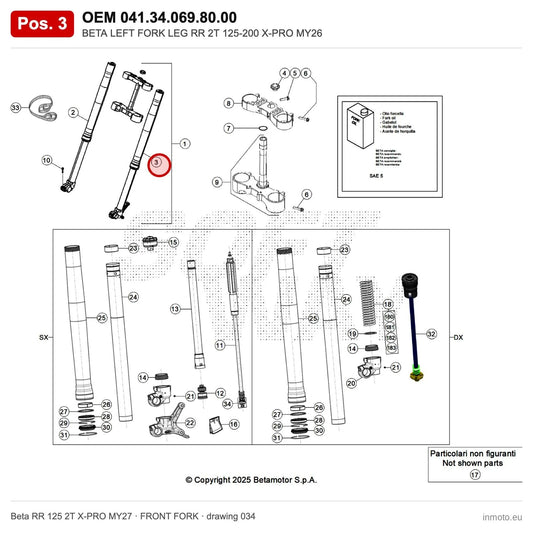 BETA LEFT FORK LEG RR 2T 125-200 X-PRO MY26 – OEM 041.34.069.80.00, position 3 on the Beta RR 125 2T X-PRO MY27 front fork drawing