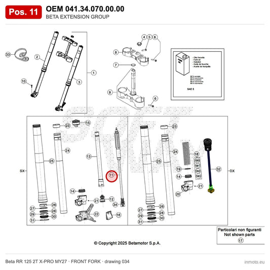 BETA EXTENSION GROUP – OEM 041.34.070.00.00, position 11 on the Beta RR 125 2T X-PRO MY27 front fork drawing