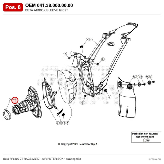 BETA AIRBOX SLEEVE RR 2T – OEM 041.38.000.00.00, position 8 on the Beta RR 200 2T RACE MY27 air filter box drawing
