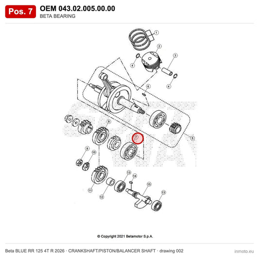 BETA BEARING – OEM 043.02.005.00.00, position 7 on the Beta BLUE RR 125 4T R 2026 crankshaft/piston/balancer shaft drawing