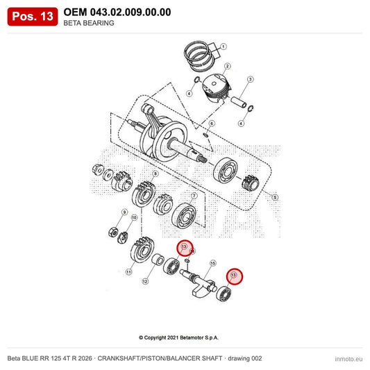 BETA BEARING – OEM 043.02.009.00.00, position 13 on the Beta BLUE RR 125 4T R 2026 crankshaft/piston/balancer shaft drawing