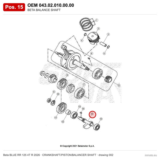 BETA BALANCE SHAFT – OEM 043.02.010.00.00, position 15 on the Beta BLUE RR 125 4T R 2026 crankshaft/piston/balancer shaft drawing