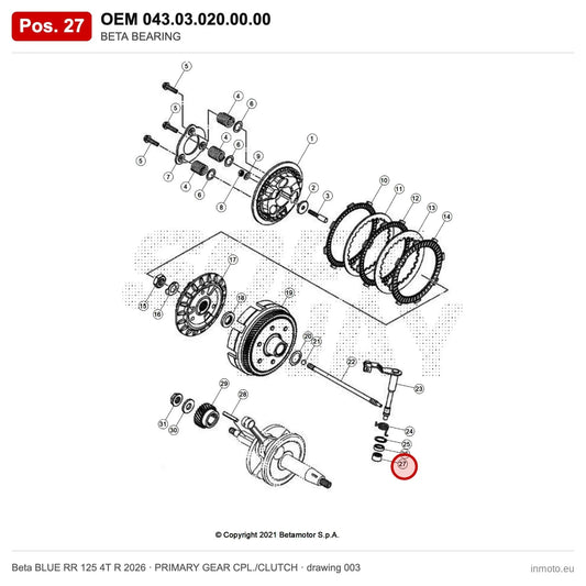 BETA BEARING – OEM 043.03.020.00.00, position 27 on the Beta BLUE RR 125 4T R 2026 primary gear cpl./clutch drawing