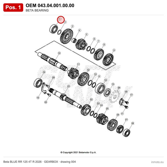 BETA BEARING – OEM 043.04.001.00.00, position 1 on the Beta BLUE RR 125 4T R 2026 gearbox drawing