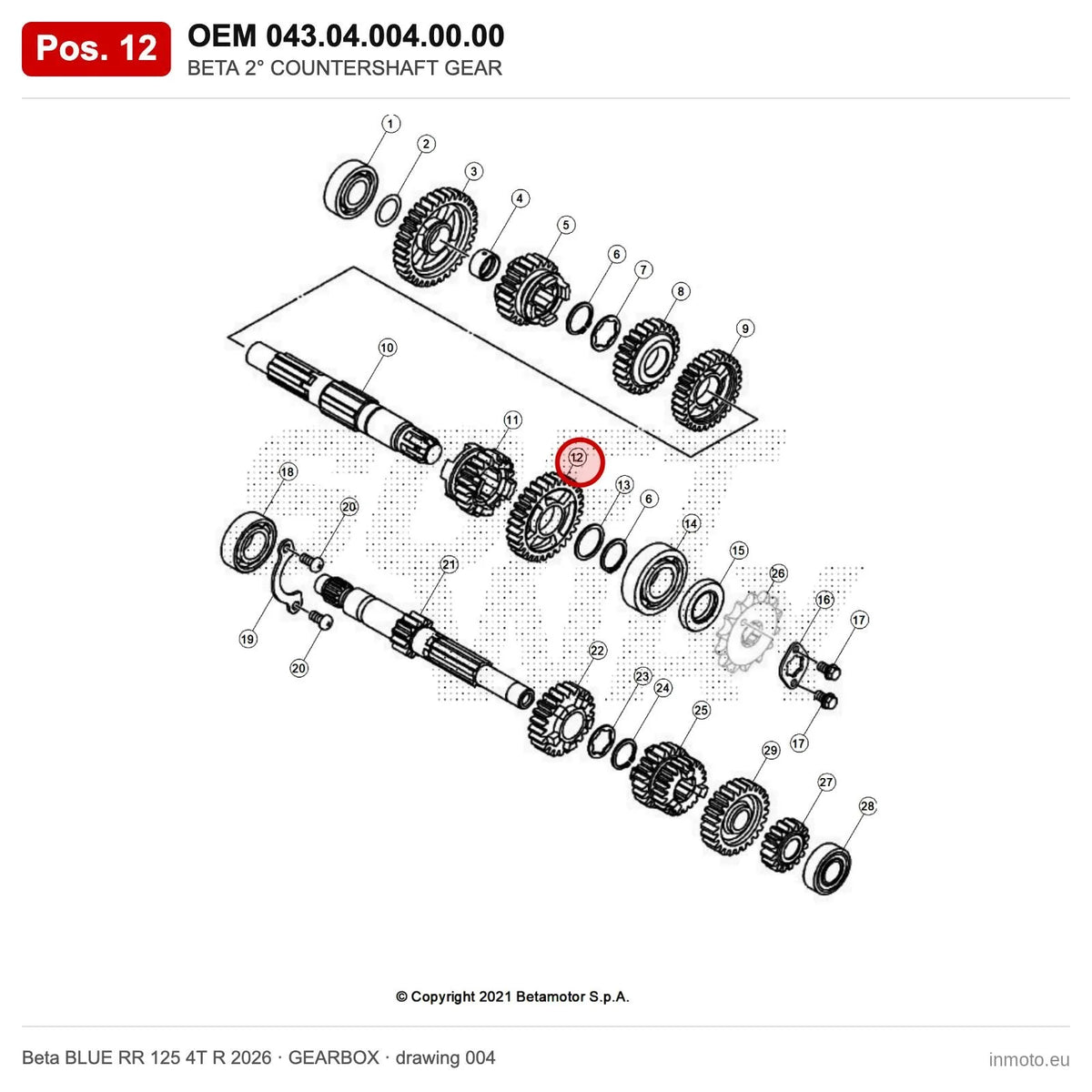 BETA 2° COUNTERSHAFT GEAR – OEM 043.04.004.00.00, position 12 on the Beta BLUE RR 125 4T R 2026 gearbox drawing
