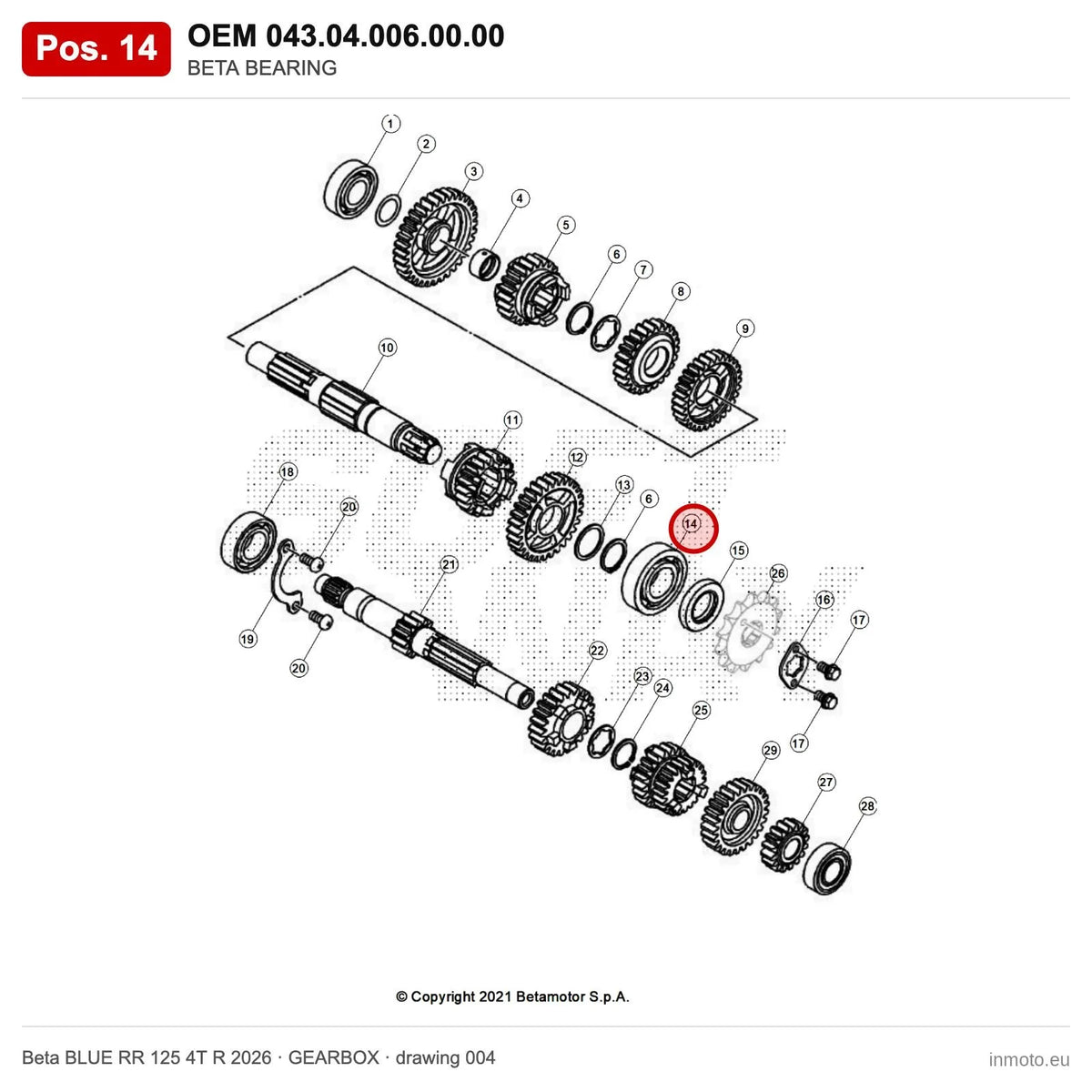 BETA BEARING – OEM 043.04.006.00.00, position 14 on the Beta BLUE RR 125 4T R 2026 gearbox drawing