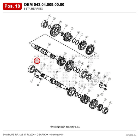 BETA BEARING – OEM 043.04.009.00.00, position 18 on the Beta BLUE RR 125 4T R 2026 gearbox drawing
