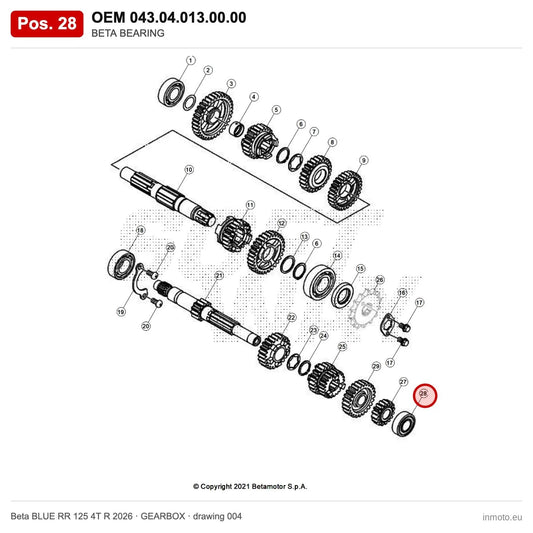 BETA BEARING – OEM 043.04.013.00.00, position 28 on the Beta BLUE RR 125 4T R 2026 gearbox drawing