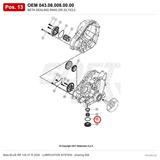 BETA SEALING RING OR 33,7X3,5 – OEM 043.08.008.00.00, position 13 on the Beta BLUE RR 125 4T R 2026 lubrication system drawing