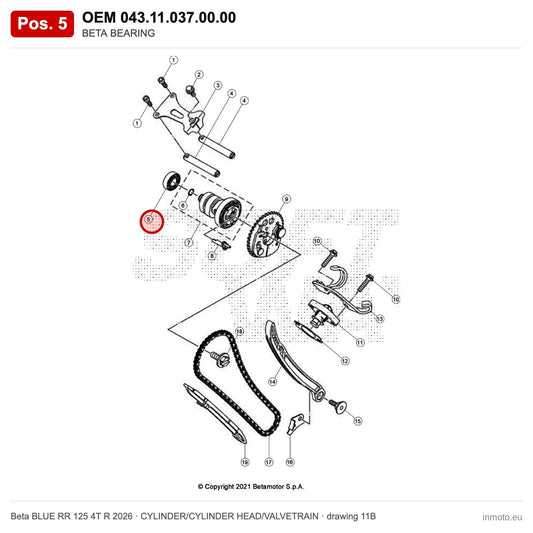 BETA BEARING – OEM 043.11.037.00.00, position 5 on the Beta BLUE RR 125 4T R 2026 cylinder/cylinder head/valvetrain drawing