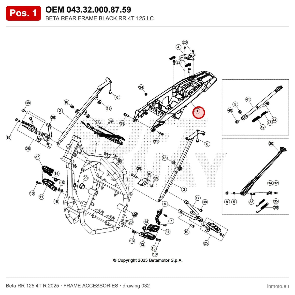 BETA REAR FRAME BLACK RR 4T 125 LC – OEM 043.32.000.87.59, position 1 on the Beta RR 125 4T R 2025 frame accessories drawing