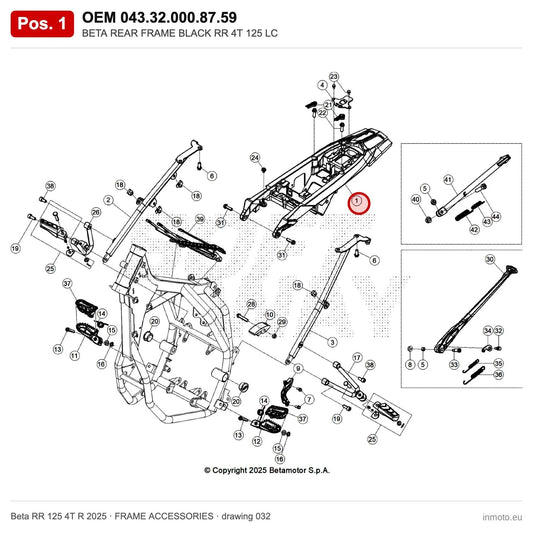 BETA REAR FRAME BLACK RR 4T 125 LC – OEM 043.32.000.87.59, position 1 on the Beta RR 125 4T R 2025 frame accessories drawing
