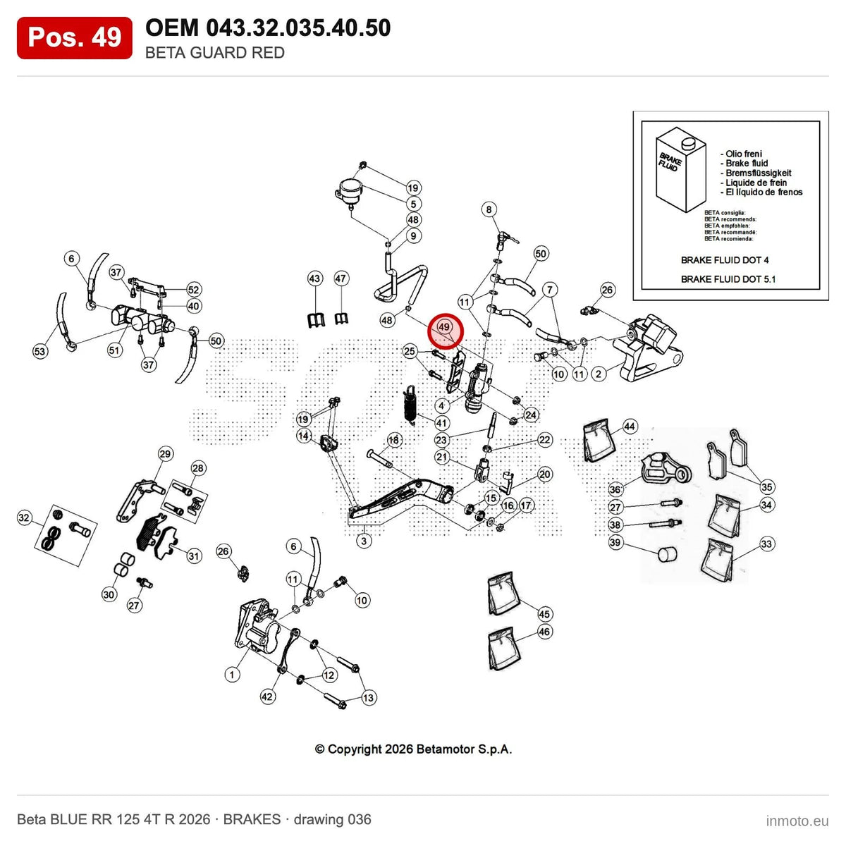BETA GUARD RED – OEM 043.32.035.40.50, position 49 on the Beta BLUE RR 125 4T R 2026 brakes drawing