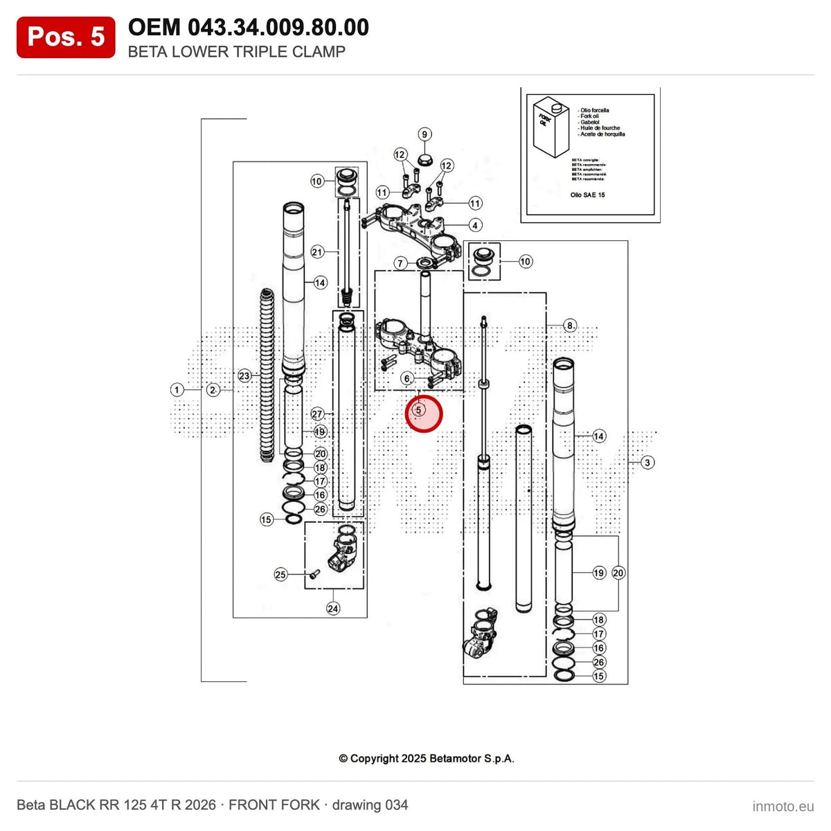 BETA LOWER TRIPLE CLAMP – OEM 043.34.009.80.00, position 5 on the Beta BLACK RR 125 4T R 2026 front fork drawing